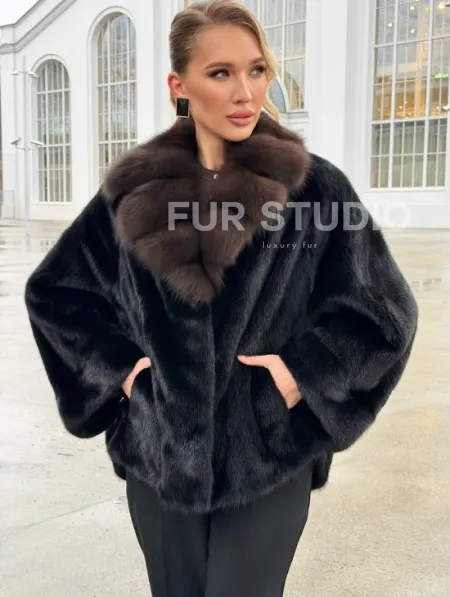 Черный норковый жакет с воротником куницы - фото 4