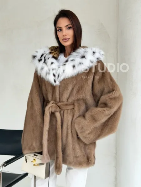 Шуба норковая пастель в роспуск с капюшоном под рысь - фото 8