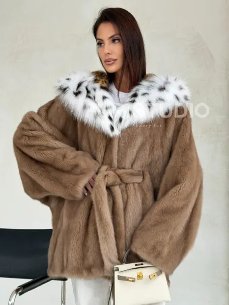 Шуба норковая пастель в роспуск с капюшоном под рысь - фото 6