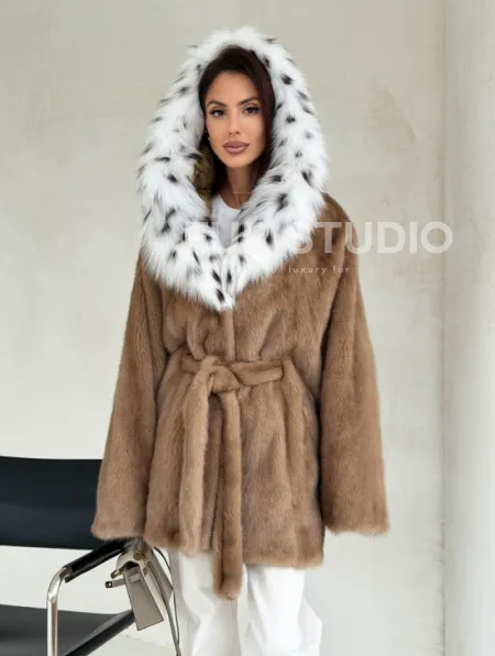 Шуба норковая пастель в роспуск с капюшоном под рысь - фото 11