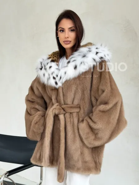 Шуба норковая пастель в роспуск с капюшоном под рысь - фото 12