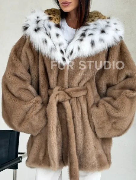 Шуба норковая пастель в роспуск с капюшоном под рысь - фото 2