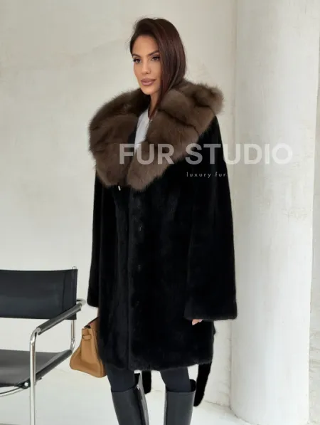 Черная норковая шуба средней длины - капюшон куница - фото 7