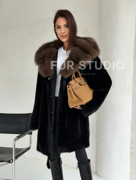 Черная норковая шуба средней длины - капюшон куница - фото 9