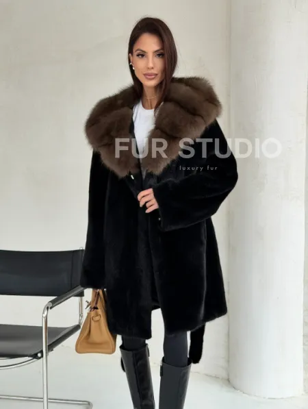 Черная норковая шуба средней длины - капюшон куница - фото 8