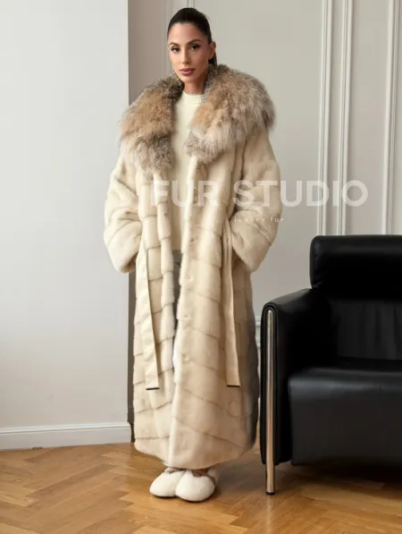 Длинная норковая шуба - капюшон из меха рыси - фото 7