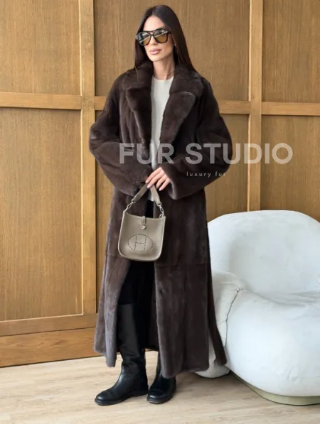 Норковая шуба - прямой крой с меховым поясом - фото 6