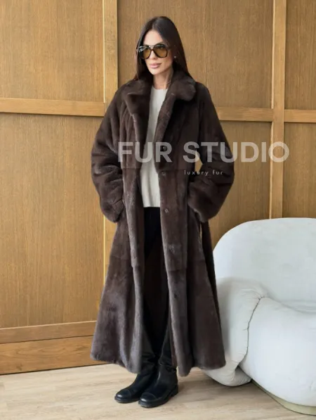 Норковая шуба - прямой крой с меховым поясом - фото 10