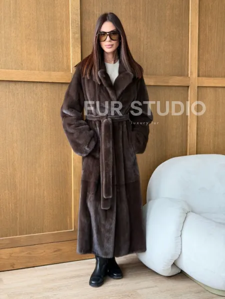 Норковая шуба - прямой крой с меховым поясом - фото 0