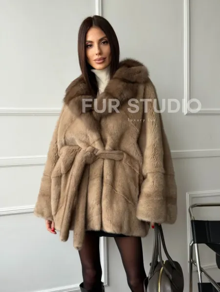 Pastel шуба летучая мышь - воротник куница - фото 15