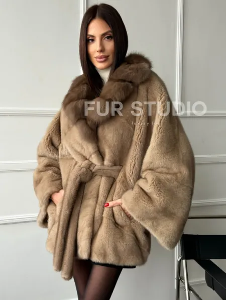 Pastel шуба летучая мышь - воротник куница - фото 0