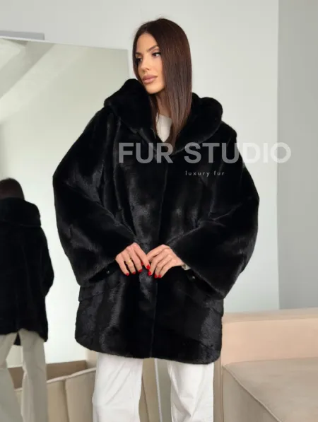 Норка шуба BLACKGLAMA паркет кимоно с капюшоном - фото 8