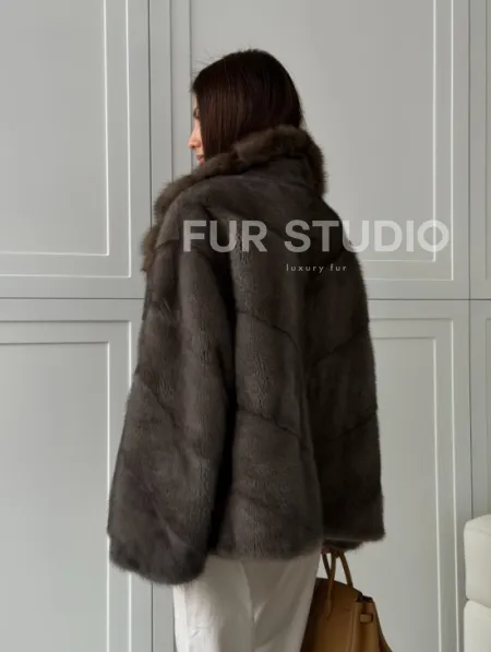 Шуба норковая автоледи - воротник куница (серый) - фото 11