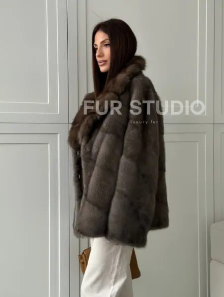 Шуба норковая автоледи - воротник куница (серый) - фото 8