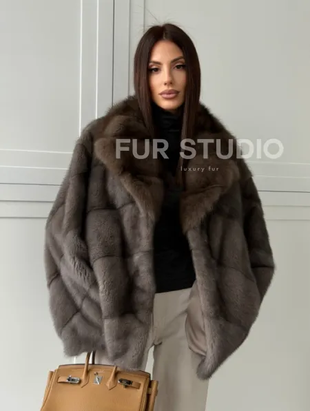 Шуба норковая автоледи - воротник куница (серый) - фото 0