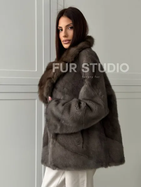 Шуба норковая автоледи - воротник куница (серый) - фото 4