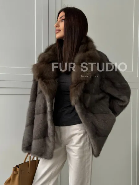 Шуба норковая автоледи - воротник куница (серый) - фото 3