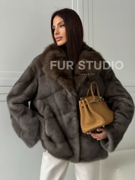 Шуба норковая автоледи - воротник куница (серый) - фото 7