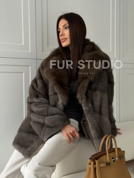 Шуба норковая автоледи - воротник куница (серый) - фото 10