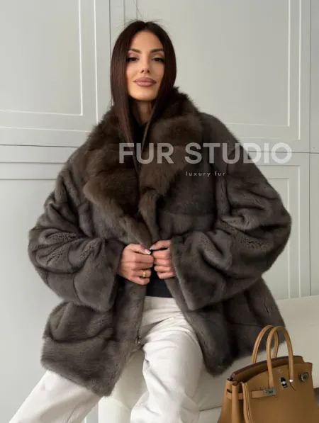 Шуба норковая автоледи - воротник куница (серый) - фото 6