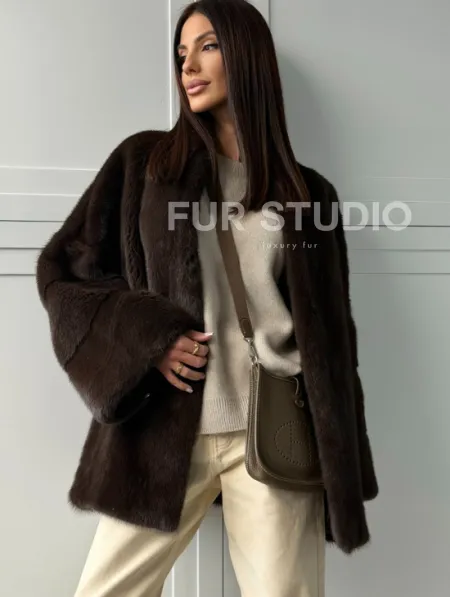 Меховой жакет из норки V- образный воротник - фото 6