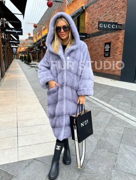 Шикарная норковая шуба с капюшоном - цвет сапфир - фото 0