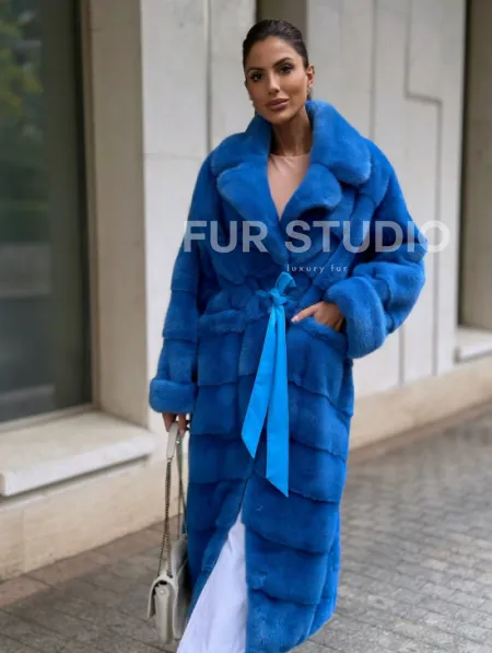 Шуба халат из меха норки - цвет электрик - фото 0