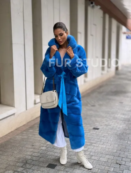 Шуба халат из меха норки - цвет электрик - фото 6