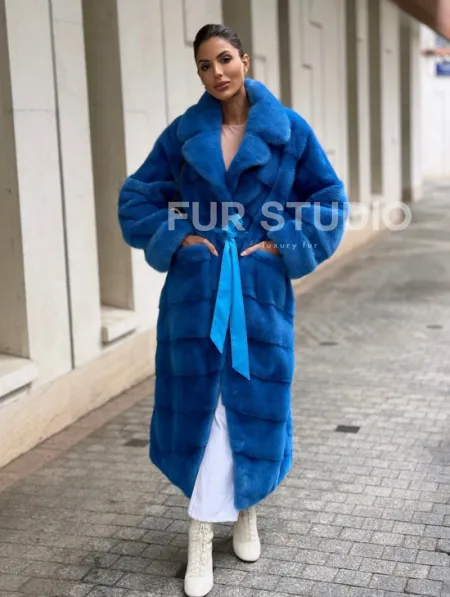 Шуба халат из меха норки - цвет электрик - фото 1