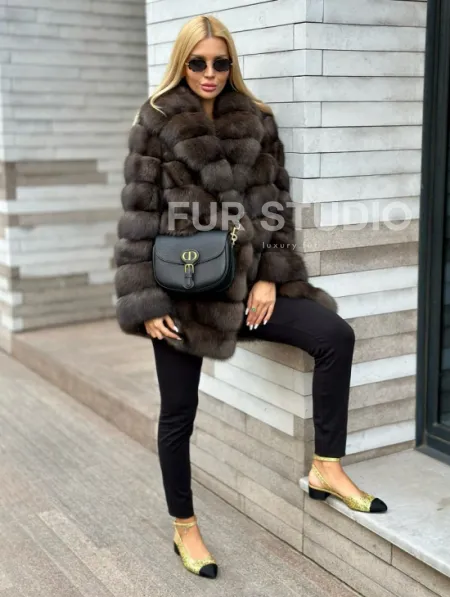 Полушубок-жакет из соболя воротник шаль седина 1/2 - фото 2