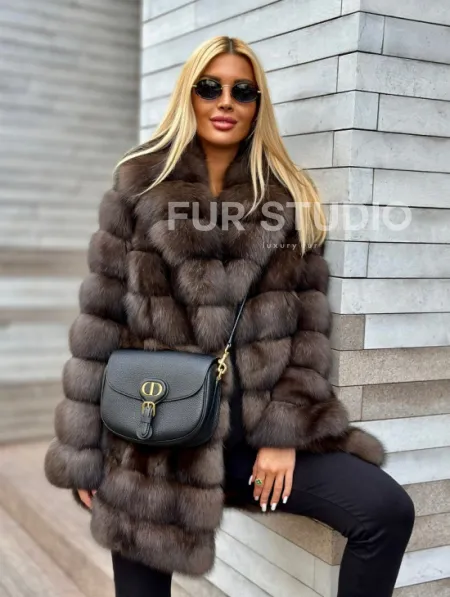 Полушубок-жакет из соболя воротник шаль седина 1/2 - фото 0