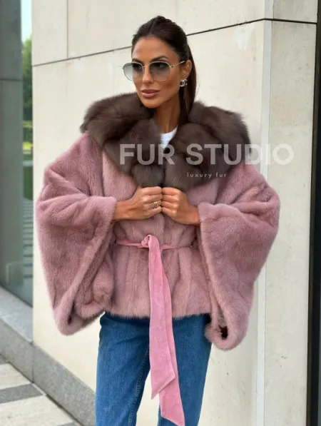 Пудра летучка из меха норки, капюшон куница - фото 2