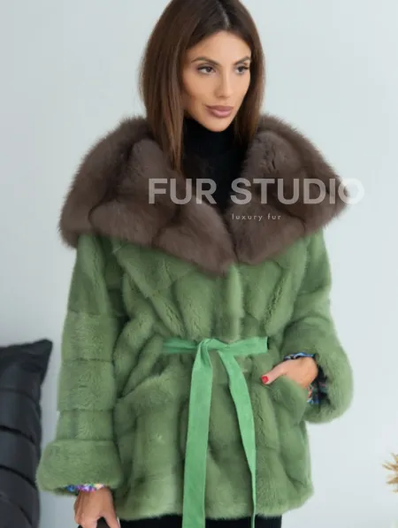 Пончо норковое с капюшоном куница - цвет оливковый - фото 1