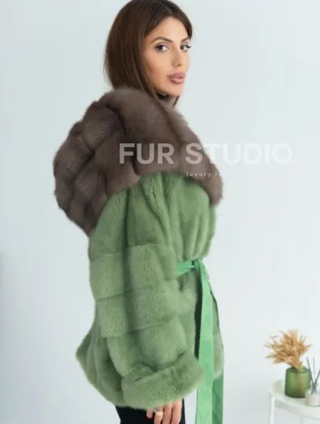 Пончо норковое с капюшоном куница - цвет оливковый - фото 2