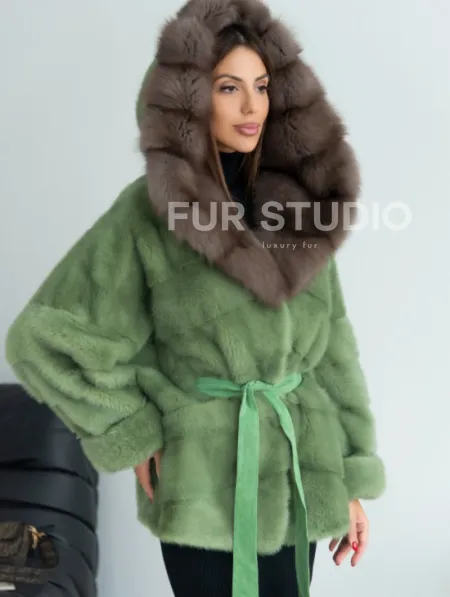 Пончо норковое с капюшоном куница - цвет оливковый - фото 0