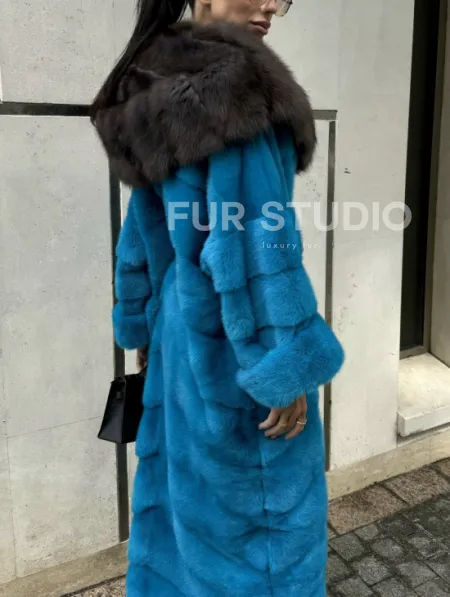 Шуба норковая с капюшоном из меха куницы - цвет тиффани - фото 6