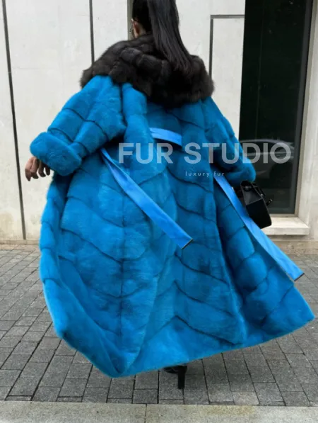 Шуба норковая с капюшоном из меха куницы - цвет тиффани - фото 8