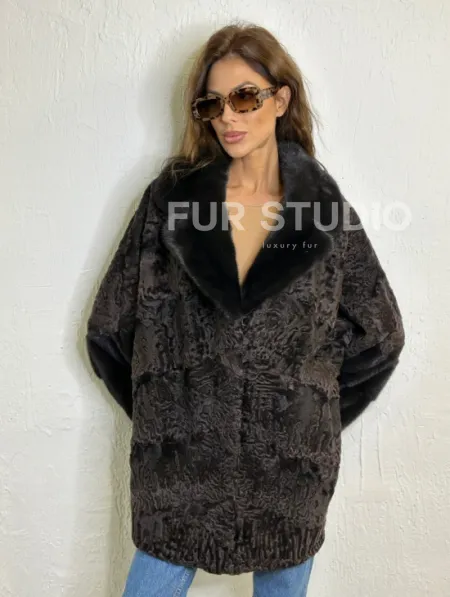 Кимоно каракульча английский воротник паркет - коричневый - фото 4