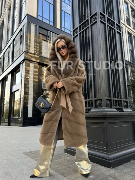 Пастель норковая шуба из меха NAFA капюшон куница - фото 1