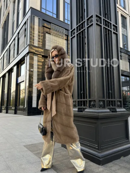 Пастель норковая шуба из меха NAFA капюшон куница - фото 2