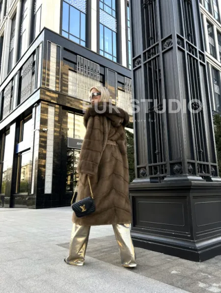 Пастель норковая шуба из меха NAFA капюшон куница - фото 3