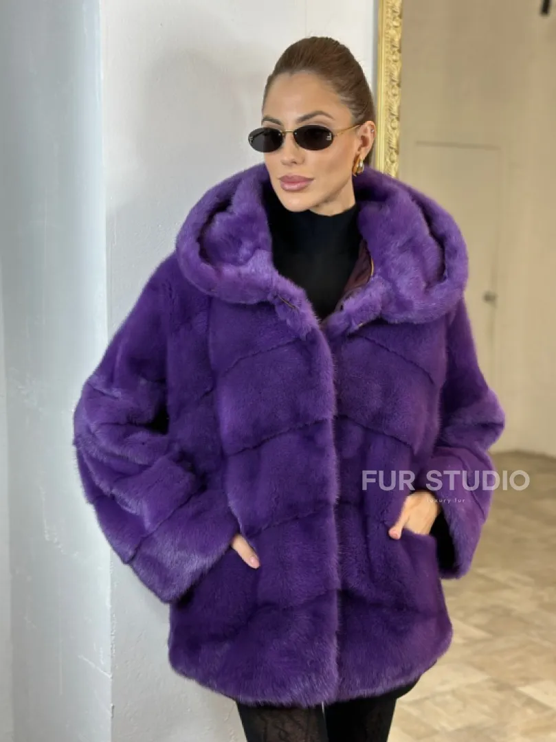 Паркет шуба с капюшоном - фиолетовый цвет - фото 3