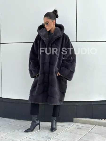 Норковая шуба паркет с капюшоном - цвет блю ирис - фото 5