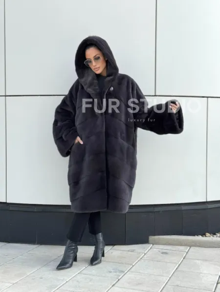 Норковая шуба паркет с капюшоном - цвет блю ирис - фото 10