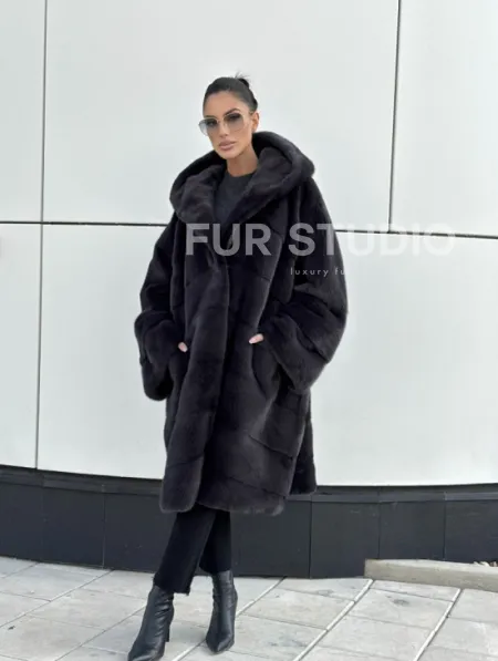 Норковая шуба паркет с капюшоном - цвет блю ирис - фото 13