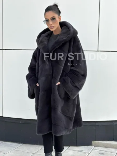 Норковая шуба паркет с капюшоном - цвет блю ирис - фото 0