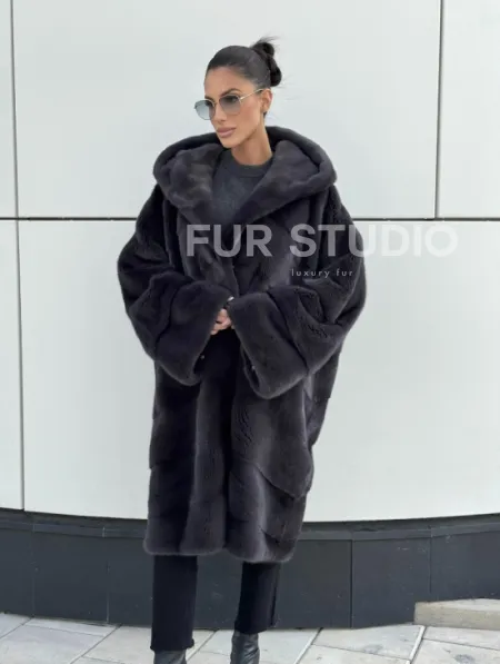 Норковая шуба паркет с капюшоном - цвет блю ирис - фото 2