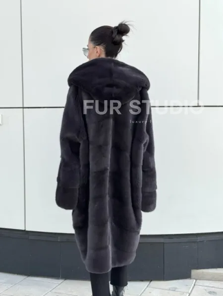 Норковая шуба паркет с капюшоном - цвет блю ирис - фото 7