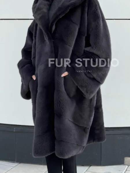Норковая шуба паркет с капюшоном - цвет блю ирис - фото 1