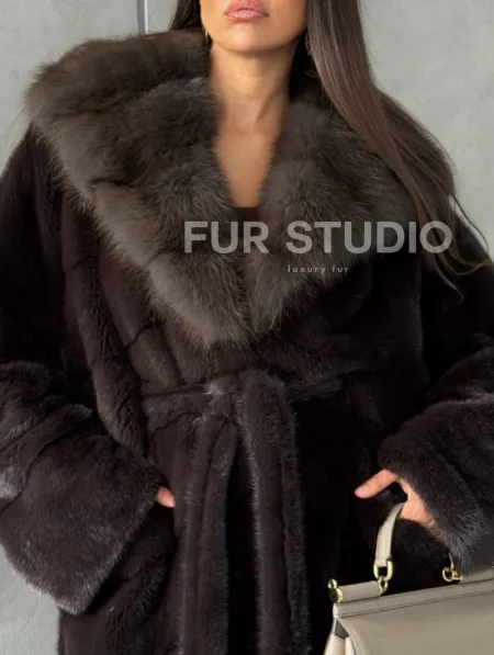 Шуба норковая с капюшоном из меха куницы - цвет уголь - фото 1